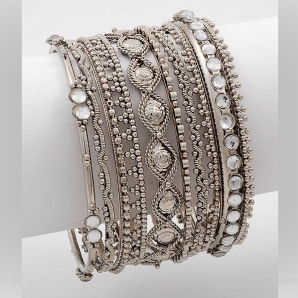 Stackable 8 piece Antique Silver Bracelet Crystal